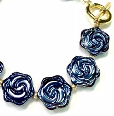 Artisan Toggle Bracelet Molded Glass Flower Black Iridescent Oil Slick AB 8.5 in