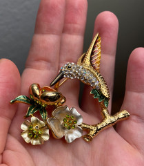 Vintage Gold Tone White and Green rhinestone hummingbird brooch with flowers