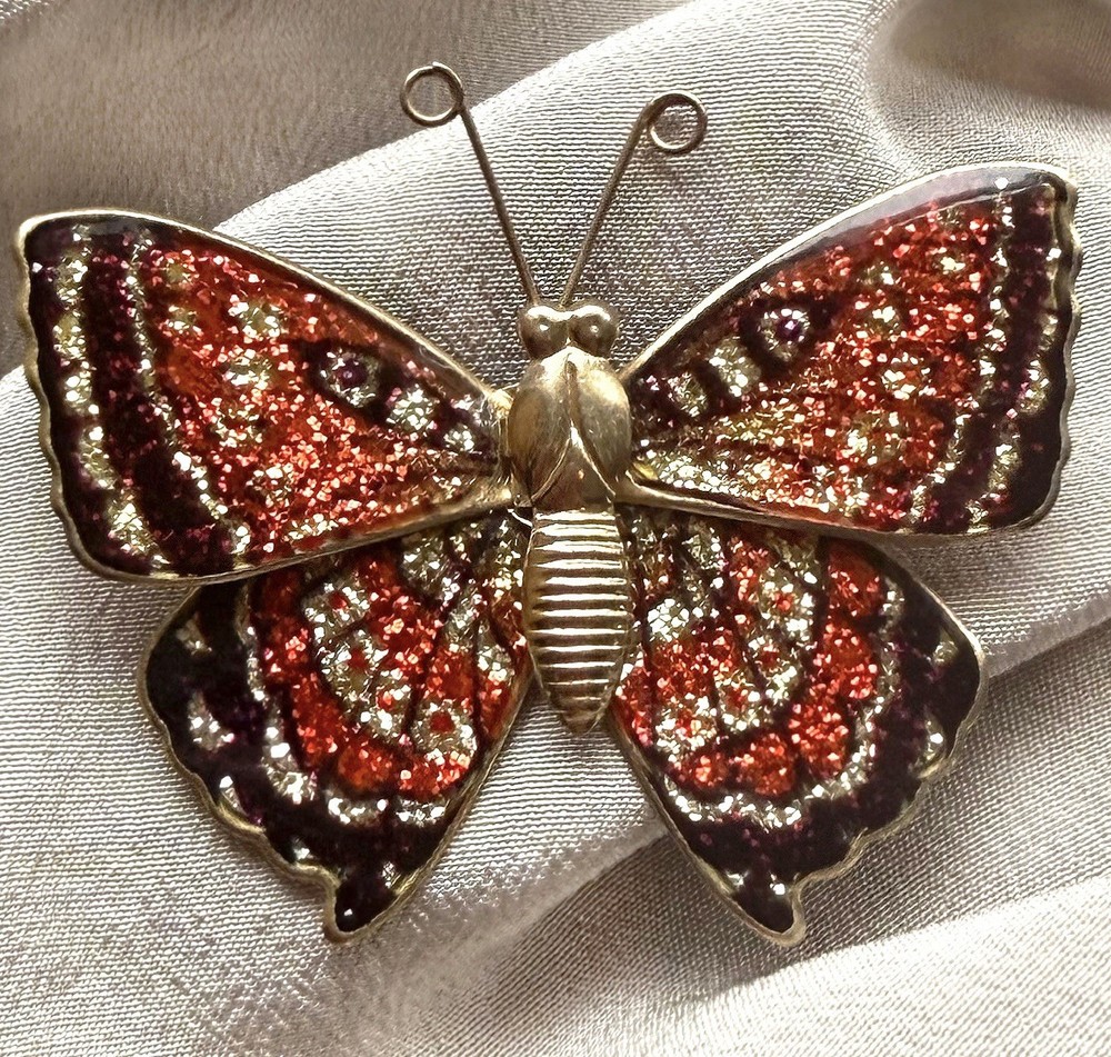 Vintage Butterfly Brooch | Red Gold Foiled Enamel Figural Mid Century Modern Pin