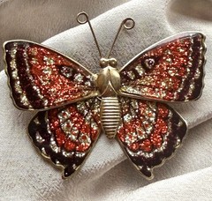 Vintage Butterfly Brooch | Red Gold Foiled Enamel Figural Mid Century Modern Pin