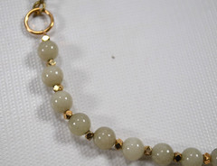Pale Green Jade? Round Bead Stone Necklace Gold Tone Chain 21″