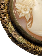 Vintage Carved Cameo Brooch Intricate Woven Frame Mixed Metal Gold Plated Leaves