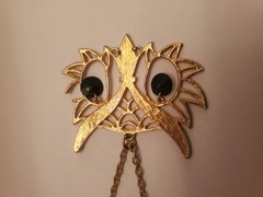 Vintage Gold-Tone Articulated Owl Pendant Necklace Featuring Dangling Black Eyes