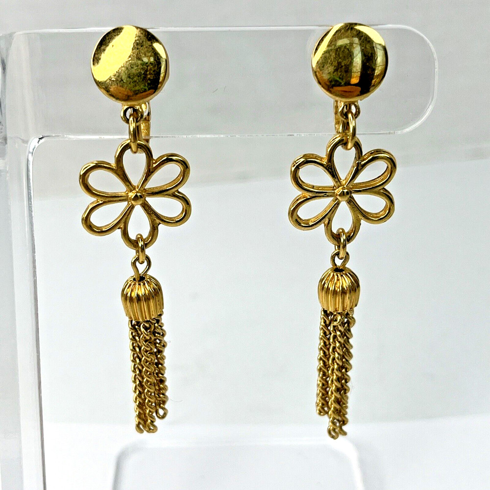 Vintage Signed Crown Trifari 1955-1969 Gold Tone Earrings Dangle Drop Flower