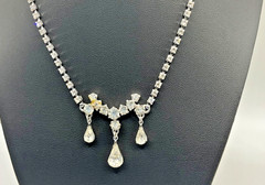 Vintage Clear Rhinestone Teardrop Dangle Necklace Silver Tone 16” Wedding Prom