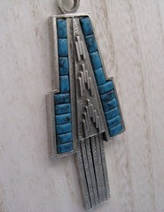Whiting And Davis Vtg 1970s Necklace Art Deco Faux Turquoise Pendant Silver Tone