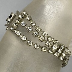 VTG Clear Rhinestone Bracelet Silver Tone Three Rows Fold Over Clasp WEAR 7″