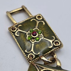 Vintage Worthington Enamel Crystal Link Bracelet Gold Tone Floral Gothic 6.75 In