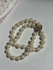 Woman’s Double Strand Pearl Bracelet Measuring 7 Inches Square Clasp Looks Gold