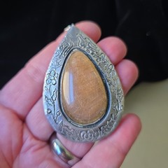 Vintage Golden Rutilated Quartz Teardrop Pewter Pendant Chain Necklace 18″L