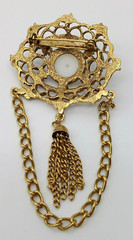 Vintage Faux Pearl Bar Brooch Pin Cabochon Ornate Gold Tone Metal Chain Tassel