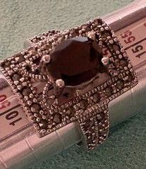 Sterling Silver Art Deco Garnet & Marcasite Filigree Ring Size 7