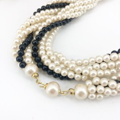 Vintage Multi Strand Faux Pearl Beaded white & Black Long Necklace 32” Estate