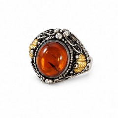 Vintage 925 Sterling Silver Genuine Amber Ring Cognac Cabochon Floral Sz 6.75