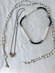 Y2K 2000s 1990s VTG Leather & Pearls Gothic *3 Necklaces STACK* 1980s long Korea