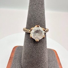 Vintage 90s Gold Tone Solitaire Ring Clear Round Glass Classic Fashion Jewelry