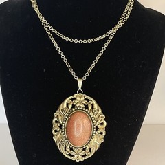 Vtg Lace Gold Stone Pendant Necklace Art Nouveau Textured Oval Chain Large Cameo