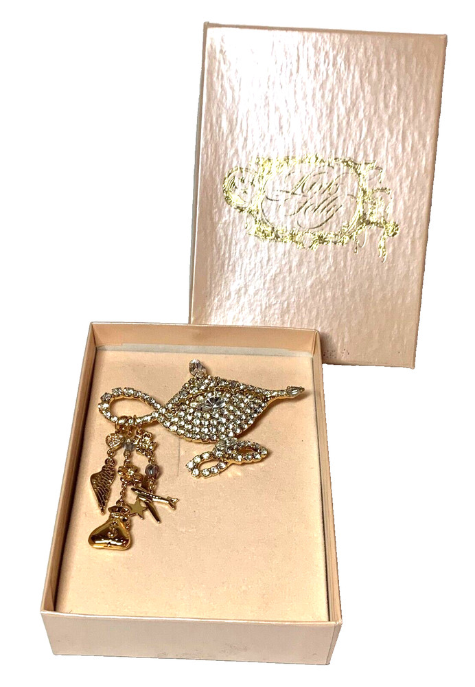 Kirks Folly MAKE A WISH MAGIC LAMP Brooch Rhinestone Charms Gold Tone 3.25″