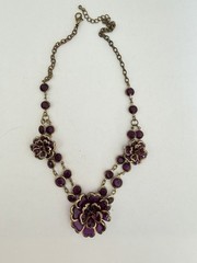 Beautiful Vintage Statement Necklace Purple Stone Flowers B5