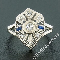 Antique Art Deco 14k White Gold 0.24ct Diamond Sapphire Filigree Open Work Ring