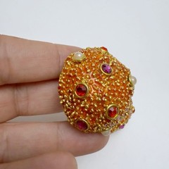 Vintage Sea Urchin Beachy Enamel Rhinestone Faux Pearl Round Clip On Earrings