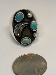 Vintage Old Pawn Southwest Turquoise Stones Feather Heavy Sterling Ring Size 10