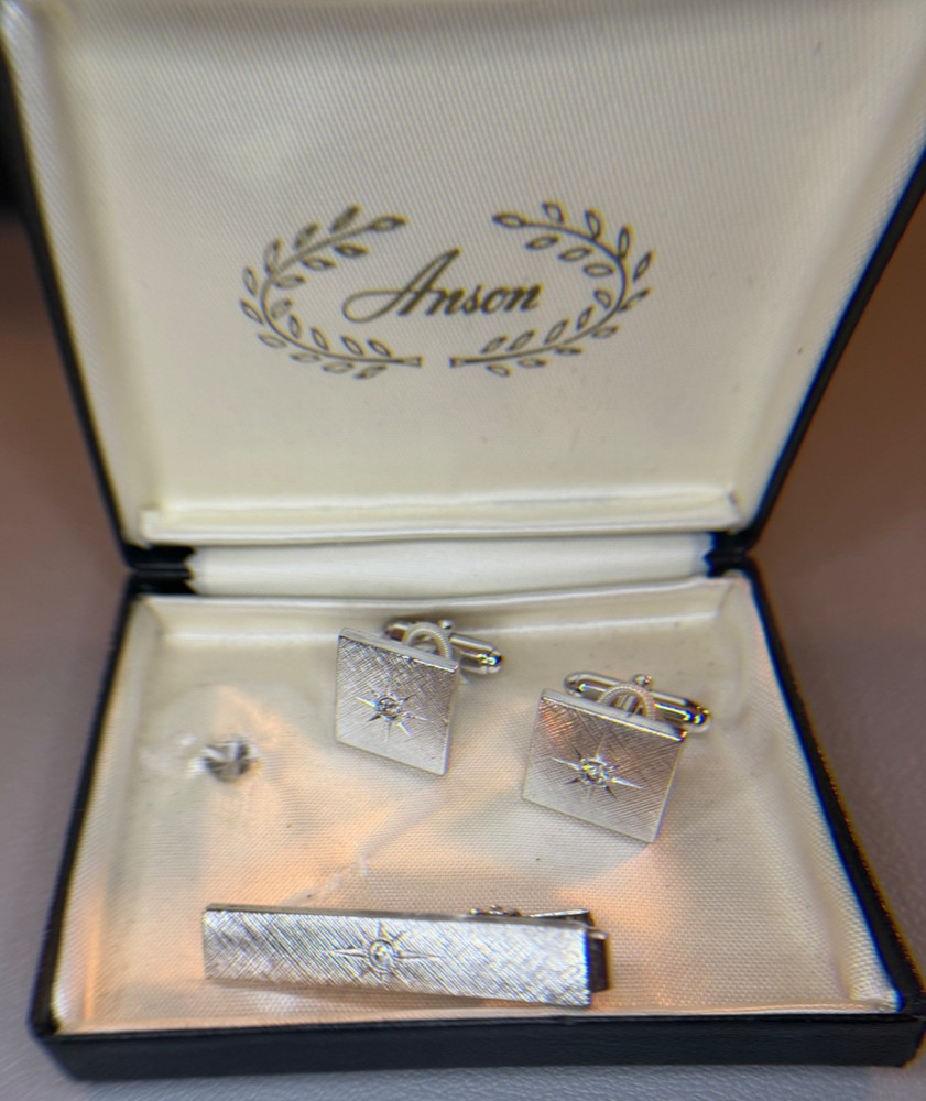 Vintage Anson Cuff Link Tie Bar Set – Original Box – Square – Silver Tone