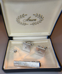Vintage Anson Cuff Link Tie Bar Set – Original Box – Square – Silver Tone