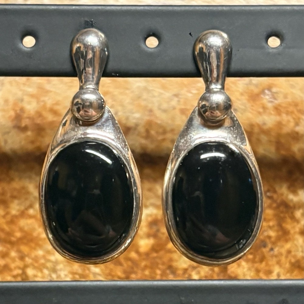 SX Sally C Earrings Sterling Silver and Black Onyx Dangle Drop Vintage