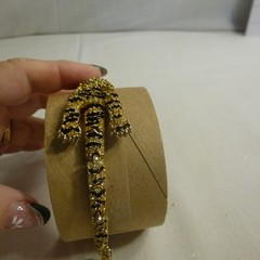 Vtg Articulated Green Eyed Tiger Bracelet Gold Tone Pave Rhinestones Blk Enamel