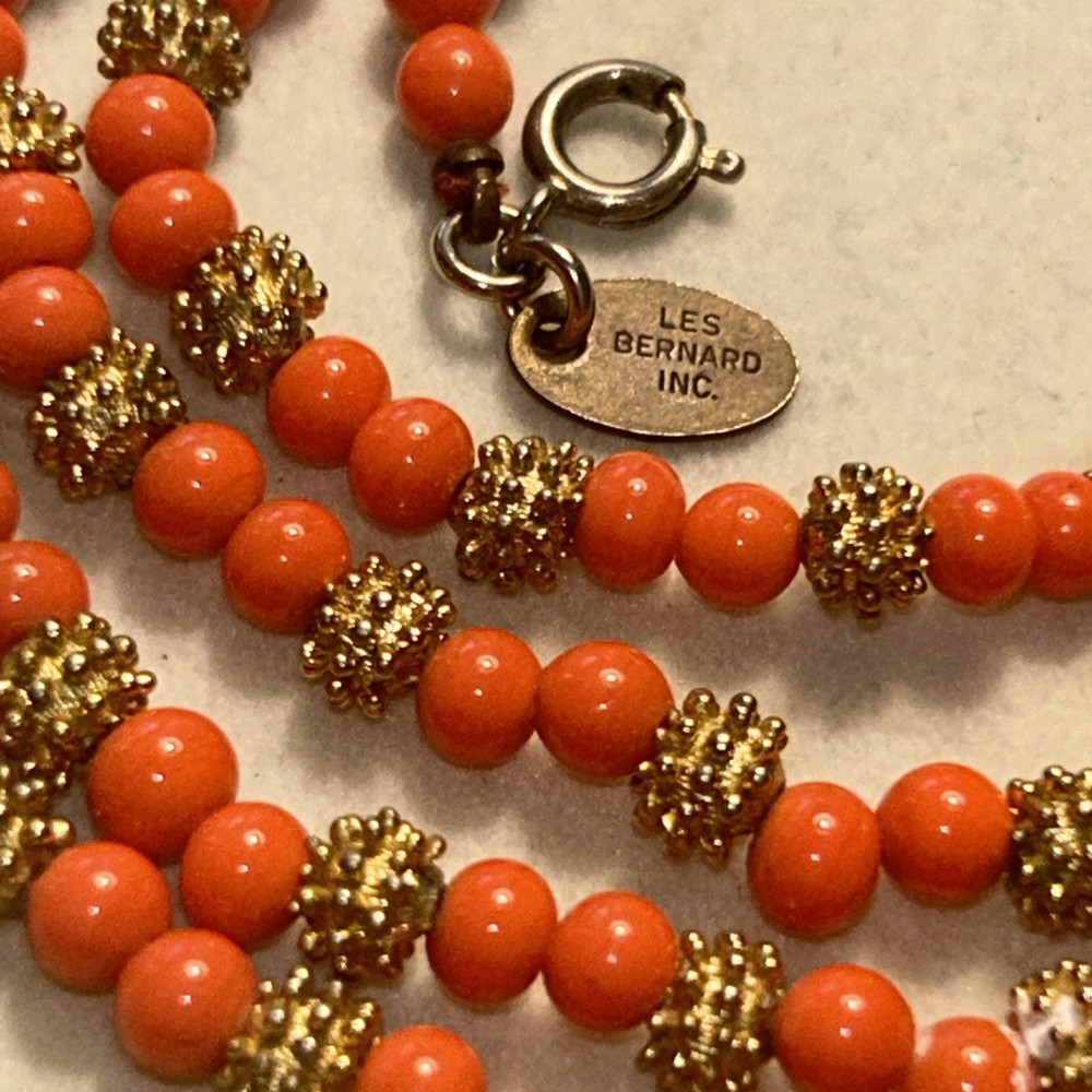 Vintage Les Bernard Necklace Natural Salmon Coral Bead 29” Opera Length Rare 60s