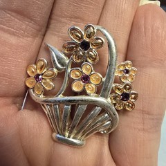 AAi Flower Basket Brooch Enamel Rhinestone Silver Tone Spring Signed 1.75 Inches