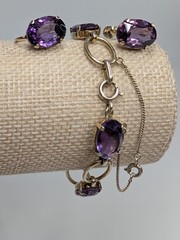 835 Silver Amethyst Bracelet Earring Set 7″ Mid Century Screw Back