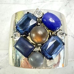 Silver Tone Rhinestone Wide Cuff Bracelet Statement Blue Bezel Cabochon Stones