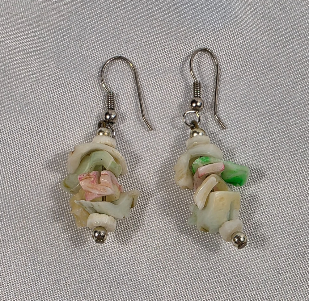 Dangle Drop Earrings Green White & Pink Irregular Shell Chips French Wire