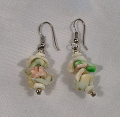 Dangle Drop Earrings Green White & Pink Irregular Shell Chips French Wire