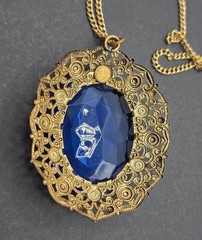 Vintage Signed West Germany Blue Glass Rhinestone Filigree Necklace Gold Tone