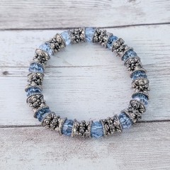 Vintage Stretch Bracelet Blue Beads & Dark Silver Tone/Grey Metal