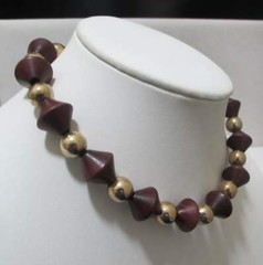 Vtg WOOD Dark Brown Bi-Cone Beads Gold Tone Round Beads Necklace Max 16”