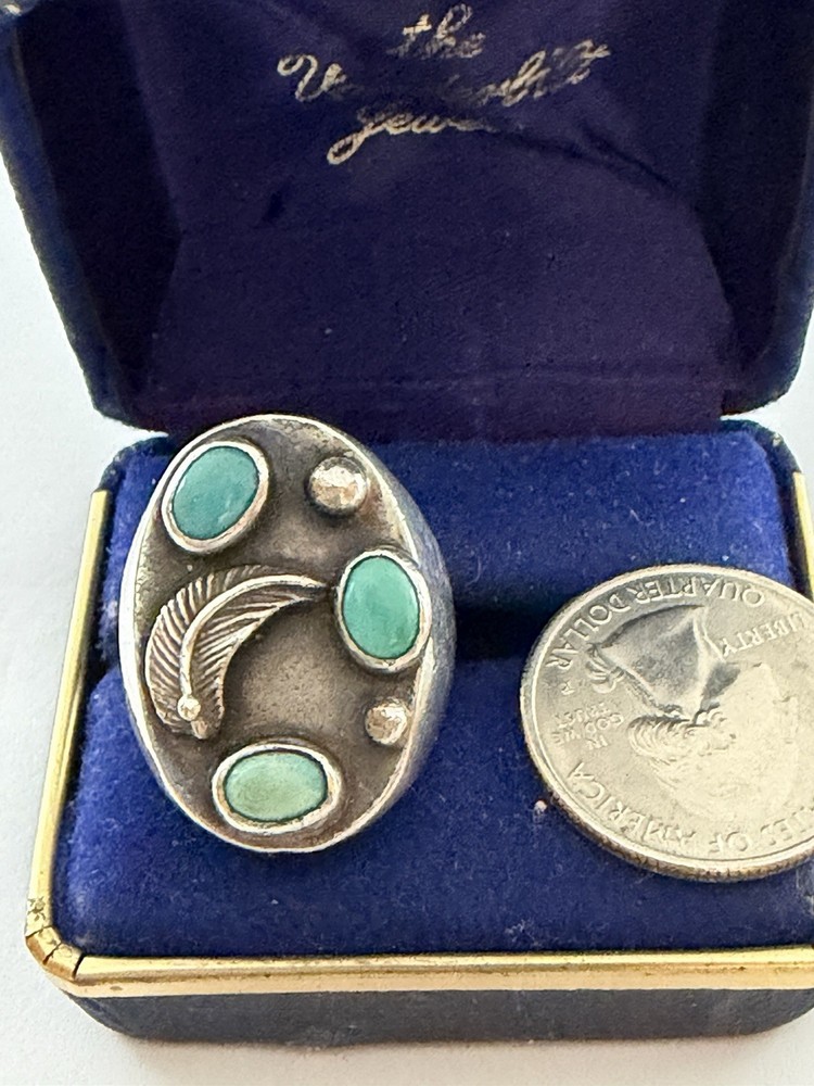 Vintage Old Pawn Southwest Turquoise Stones Feather Heavy Sterling Ring Size 10