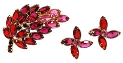 Juliana Pink & Red Marquise Shape Rhinestone Leaf Brooch Clip Earrings Set