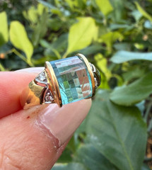 VINTAGE 14K YELLOW GOLD CHECKERBOARD PRISM CUT BLUE TOPAZ DIAMONDS RING DESIGNER