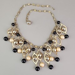 Vintage Statement Necklace Black Beaded Fringe Dangles Gold Tone Snail 16.5″