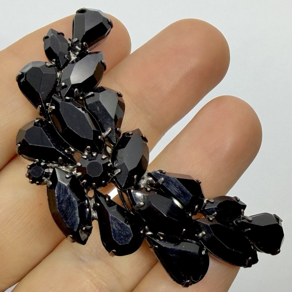 Vtg Jet Black Rhinestone Crescent Statement Gunmetal Brooch Marquise Teardrop