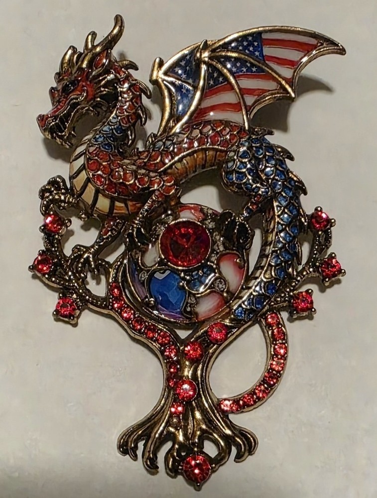 Patriotic Dragon Brooch American Flag Rhinestone Pin Red Blue Gold Tone Vintage