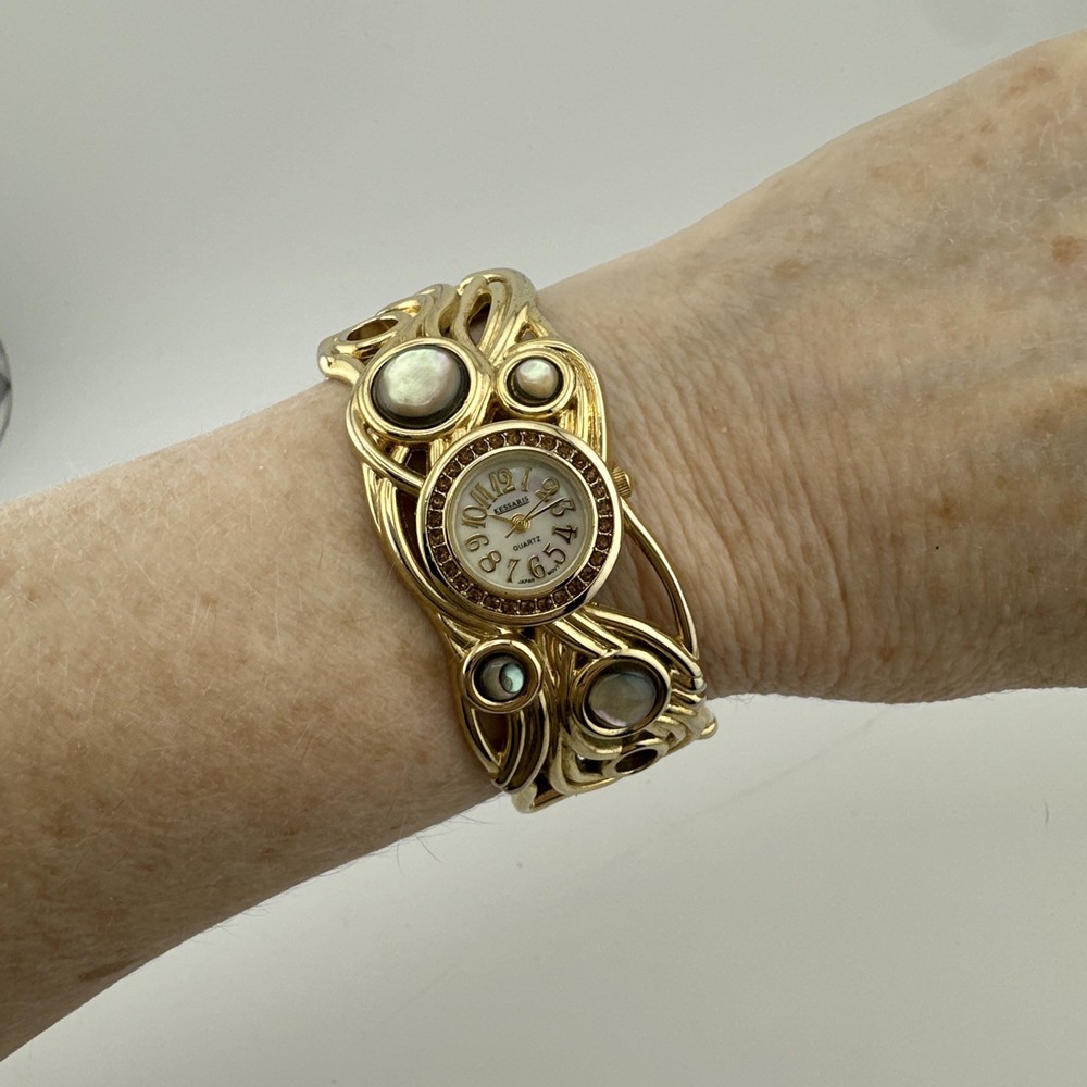 Vintage Ladies Kessaris Abalone and Gold Tone Cuff Bracelet Wristwatch