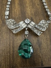Vintage Schoffel 16″ Rhinestone & Faux Cabochon Emerald Green Necklace 1930s