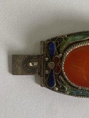 CHINESE EXPORT Bracelet Silver Filigree Cloisonne Enamel Vintage Carnelian Panel