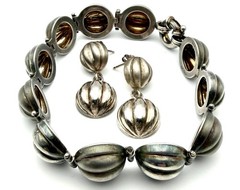 Vintage Italy 925 Sterling Silver Orb Bracelet Earrings Set Ribbed Modernist 30g