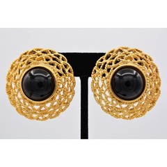 Vintage Black Cabochon Clip On Earrings Gold Tone Chunky 1990s Statement NOS W1